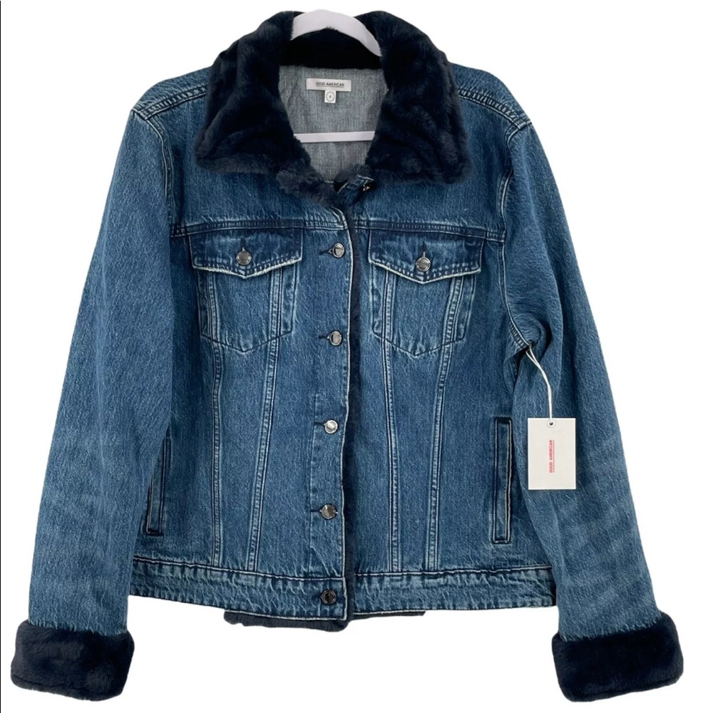 Good American The Faux Fur Lined Blue Denim Jean Jacket Women's US Size 4 $225